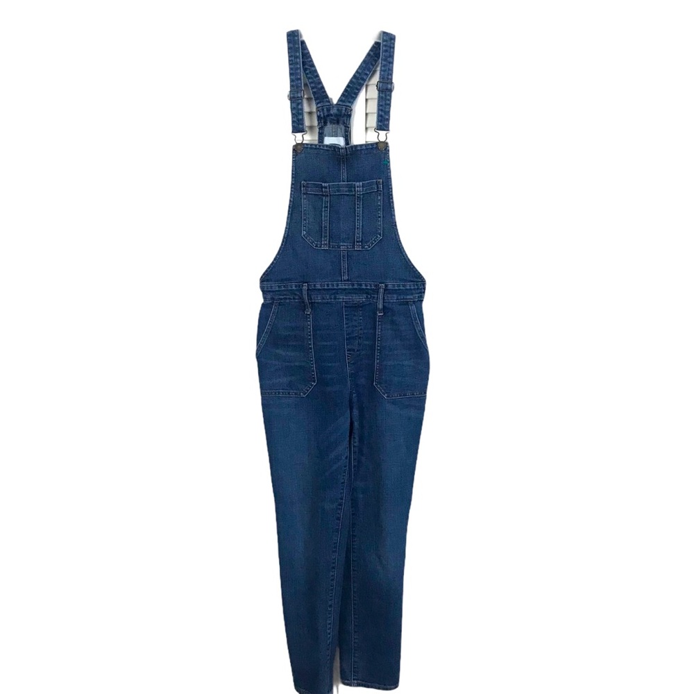 Old Navy medium to dark wash stretch denim overalls.